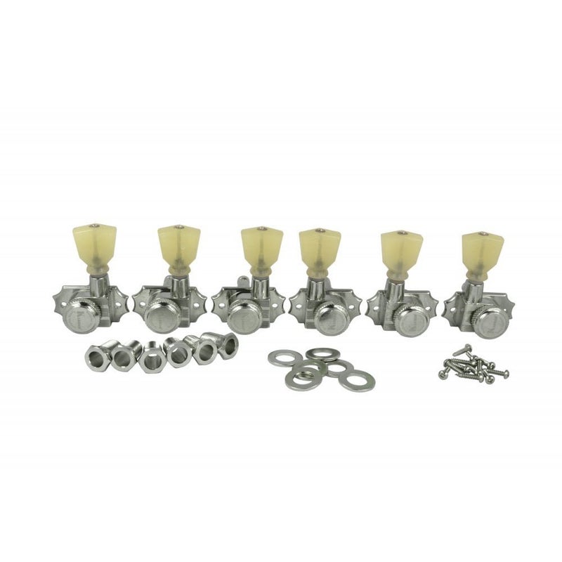 Kluson Revolution Diecast Tuners - 3 Per Side - Pearloid Keystone Button, Locking Chrome - Image 1
